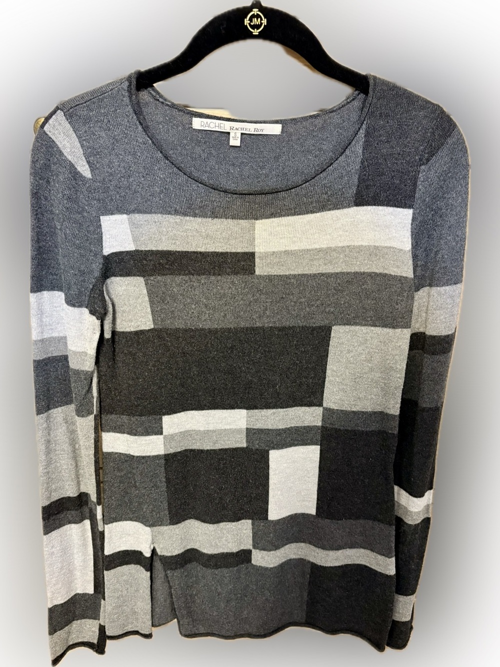 RACHEL Rachel Roy Gray & Black Geometric Long Sleeve Top